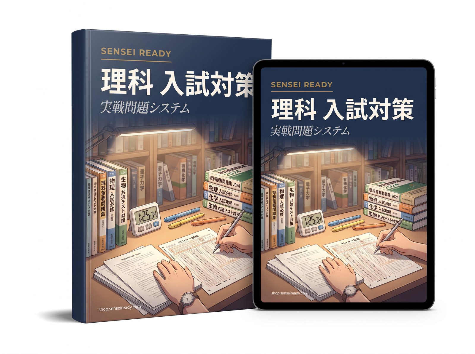 理科 入試対策・実戦問題システムの書籍とタブレットのモックアップ