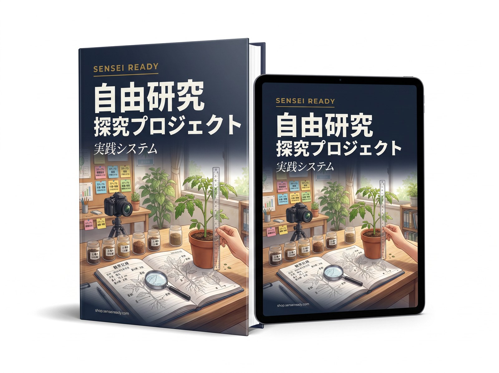 自由研究・探究プロジェクト実践システムの書籍とタブレットのモックアップ